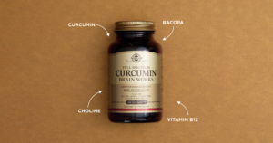 Product shot of Solgar Full Spectrum Circumin in an amberglass bottle against a textured brown background. Four white arrows on four separate corners point towards the bottle. Each arrow is labelled with a different ingredient: circumin, bacopa, choline, vitamin B12.