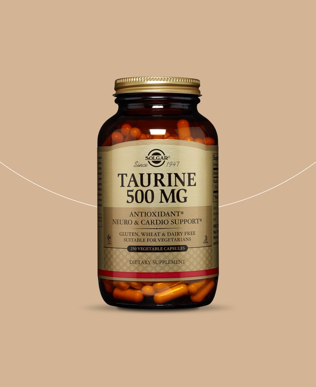 Product shot of Solgar Taurine Vegetable Capsules in an amberglass bottle against a beige background.