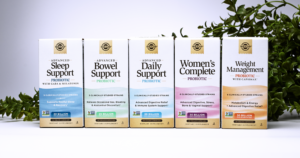 A lineup of Solgar's five new probiotics products in a row; Advanced Sleep Support probiotic, Advanced Bowel Support probiotic, Advanced Daily Support probiotic, Women's Complete probiotic, and Weight Management probiotic.