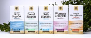 A lineup of Solgar's five new probiotics products in a row; Advanced Sleep Support probiotic, Advanced Bowel Support probiotic, Advanced Daily Support probiotic, Women's Complete probiotic, and Weight Management probiotic.