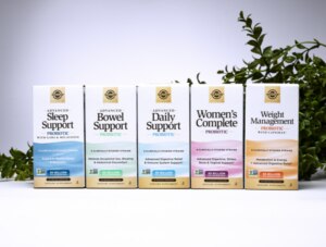 A lineup of Solgar's five new probiotics products in a row; Advanced Sleep Support probiotic, Advanced Bowel Support probiotic, Advanced Daily Support probiotic, Women's Complete probiotic, and Weight Management probiotic.