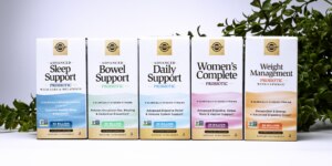 A lineup of Solgar's five new probiotics products in a row; Advanced Sleep Support probiotic, Advanced Bowel Support probiotic, Advanced Daily Support probiotic, Women's Complete probiotic, and Weight Management probiotic.