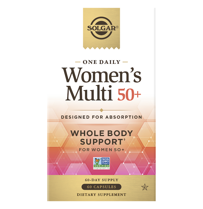 A box of Solgar One Daily Women's Multi 50+ supplement capsules on a white background.