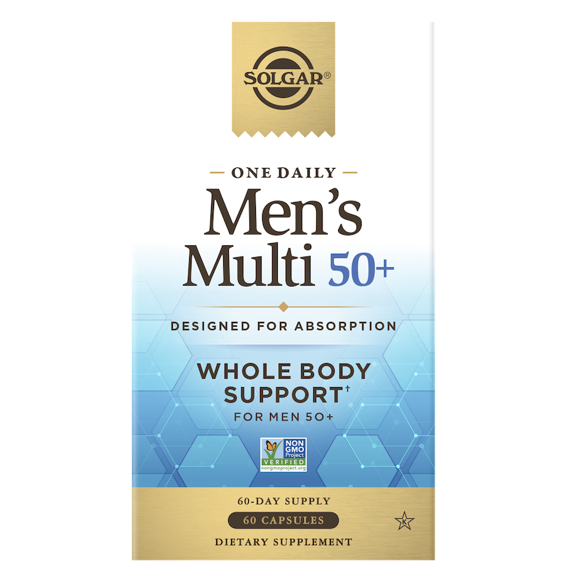 A box of Solgar One Daily Men's Multi 50+ supplement capsules on a white background.