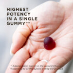 A person's hand with one serving of Solgar Ultra Potency Vitamin B12 Gummies in it. The gummy is red as it is raspberry flavored. The image says, "Highest potency in a single gummy among major brands in the natural channel (according to SPINS 52 weeks ending 01012023"