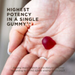 A person's hand with one serving of Solgar Ultra Potency Vitamin D3 Gummies in it. The gummy is pinkish-red as it is strawberry flavored. The image says, "Highest potency in a single gummy among major brands in the natural channel (according to SPINS 52 weeks ending 01012023)"