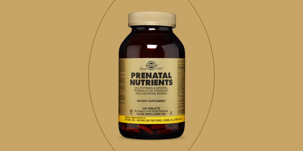 A bottle of Solgar Prenatal Nutrients on a solid gold background. A dark gold line outlines the shape of the bottle. 
