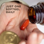 One red softgel capsule of Solgar Joint Ease, being poured from an amber glass bottle into a hand. Text on the image reads, "Just one softgel daily"