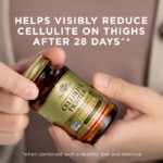 An image of a woman's hands holding an amber glass bottle of Solgar Cellulite Fighter supplement. Text on the image reads, "Helps visibly reduce cellulite on thighs after 28 days when combined with a healthy diet and exercise.^*"