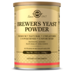 A container of Solgar's Brewer's Yeast Powder on a white backdrop.