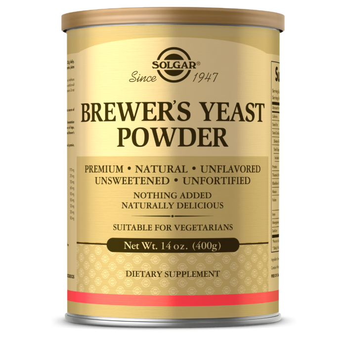 A container of Solgar's Brewer's Yeast Powder on a white backdrop.