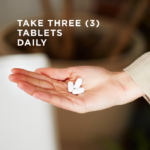 Three of Solgar's Calcium Magnesium Plus Zinc Tablets in an open palm, with text reading "take three tablets daily"