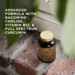 A bottle of Solgar's Full Spectrum Curcumin Brain Works Licaps™ on a white surface, next to its outer packaging. Text reads "When it comes to quality, Solgar is the gold standard."