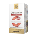 A white box with gold and red accents containing Solgar's Full Spectrum Curcumin Brain Works Licaps on a white backdrop.