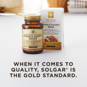 An amber bottle of Solgar's Stress & Anxiety Relief tablets next to its white-and-gold outer packaging on a white surface. Text overlaid reads: "When it comes to quality, Solgar® is the Gold Standard."