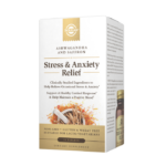 The white-and-gold cardboard packaging of Solgar's Stress & Anxiety Relief tablets on a plain white background.