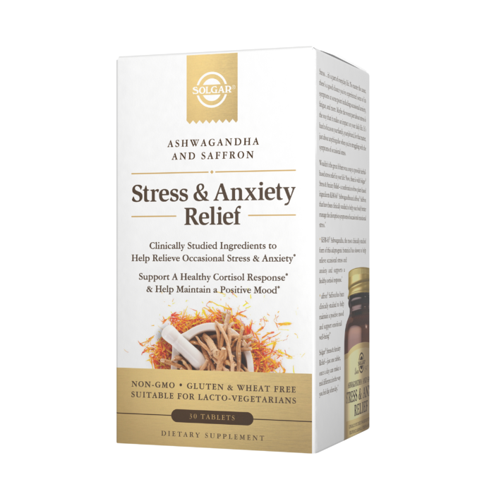 The white-and-gold cardboard packaging of Solgar's Stress & Anxiety Relief tablets on a plain white background.