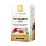 The white-and-gold cardboard packaging of Solgar's Menopause Relief tablets on a plain white background. The box reads 'Menopause Relief, relieves a full range of symptoms, promotes a positive mood.'
