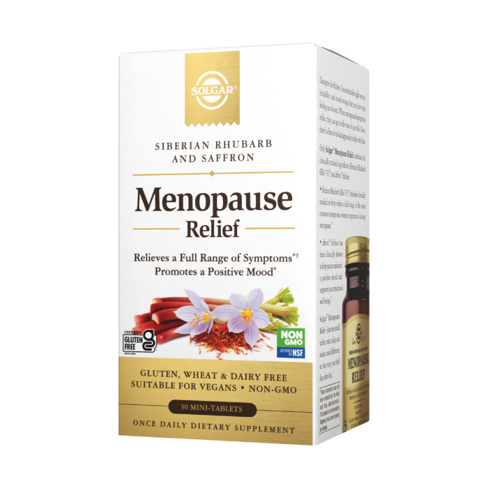 The white-and-gold cardboard packaging of Solgar's Menopause Relief tablets on a plain white background. The box reads 'Menopause Relief, relieves a full range of symptoms, promotes a positive mood.'