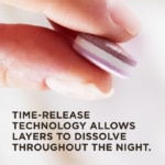 One of Solgar's Triple Action Sleep Tri-layer sleep tablets held between two fingers, with text below reading: "Time-release technology allows layers to dissolve throughout the night."