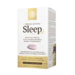 The white-and-gold cardboard packaging of Solgar's Triple Action Sleep Tri-layer tablets on a plain white background. The box reads "Triple Action Sleep, helps you relax, stay asleep longer, and wake up refreshed."