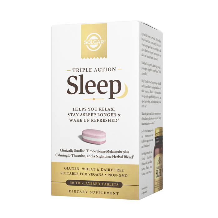 The white-and-gold cardboard packaging of Solgar's Triple Action Sleep Tri-layer tablets on a plain white background. The box reads "Triple Action Sleep, helps you relax, stay asleep longer, and wake up refreshed."