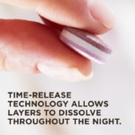 One of Solgar's Triple Action Sleep Tri-layer sleep tablets held between two fingers, with text below reading: "Time-release technology allows layers to dissolve throughout the night."