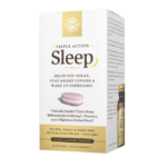 The white-and-gold cardboard packaging of Solgar's Triple Action Sleep Tri-layer tablets on a plain white background. The box reads "Triple Action Sleep, helps you relax, stay asleep longer, and wake up refreshed."