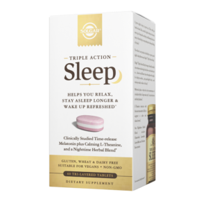 The white-and-gold cardboard packaging of Solgar's Triple Action Sleep Tri-layer tablets on a plain white background. The box reads "Triple Action Sleep, helps you relax, stay asleep longer, and wake up refreshed."