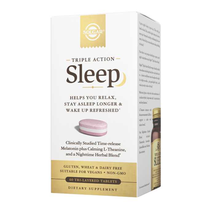 The white-and-gold cardboard packaging of Solgar's Triple Action Sleep Tri-layer tablets on a plain white background. The box reads "Triple Action Sleep, helps you relax, stay asleep longer, and wake up refreshed."