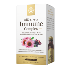 The white-and-gold cardboard packaging of Solgar's Ester-C Plus Immune Complex softgels on a plain white background.