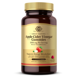 An amber glass bottle of Solgar Apple Cider Vinegar Gummies against a plain white background.