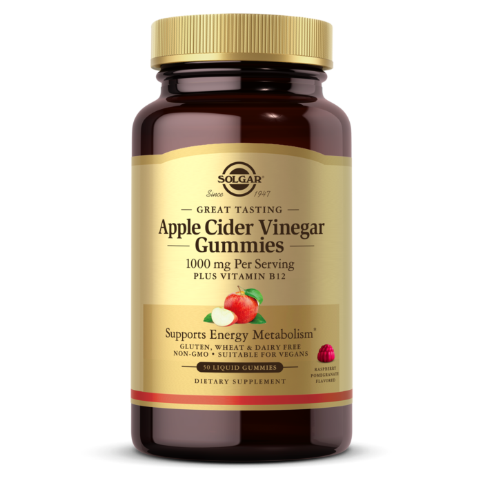An amber glass bottle of Solgar Apple Cider Vinegar Gummies against a plain white background.