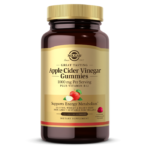 An amber glass bottle of Solgar Apple Cider Vinegar Gummies against a plain white background.