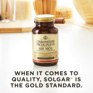 A bottle of Solgar's Chromium Picolinate 500 mcg Vegetable Capsules on a kitchen surface. Text reads "When it comes to quality, Solgar is the gold standard."