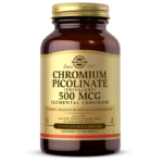 An amber glass bottle of Solgar's Chromium Picolinate 500mcg vegetable capsules on a white backdrop.