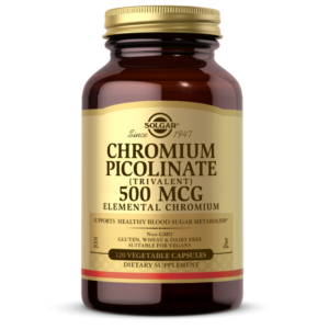 An amber glass bottle of Solgar's Chromium Picolinate 500mcg vegetable capsules on a white backdrop.