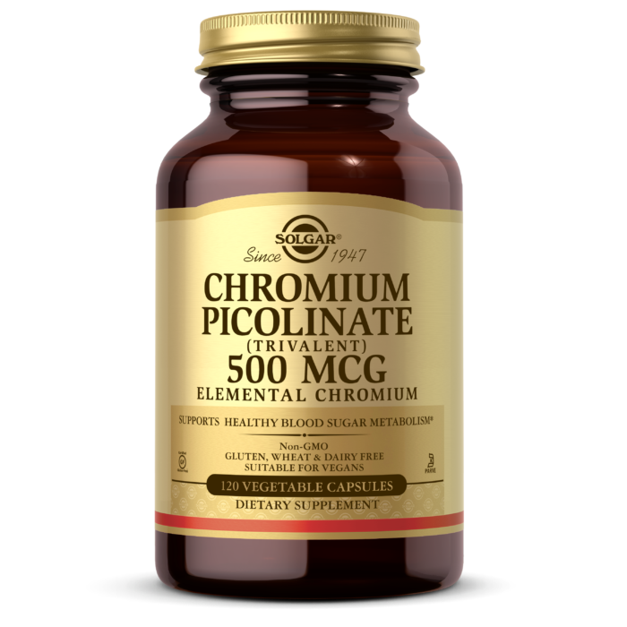 An amber glass bottle of Solgar's Chromium Picolinate 500mcg vegetable capsules on a white backdrop.