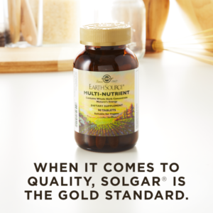 A bottle of Solgar's Earth Source® Multi-Nutrient Tablet. Text reads "When it comes to quality, Solgar is the gold standard."