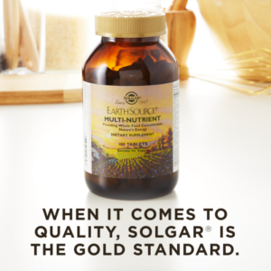 A bottle of Solgar's Earth Source® Multi-Nutrient Tablet. Text reads "When it comes to quality, Solgar is the gold standard."