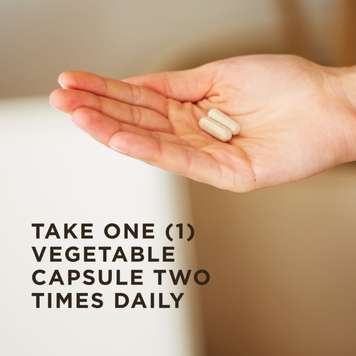 Two of Solgar's Ester-C® Plus 500 mg Vitamin C Vegetable Capsules (Ester-C® Ascorbate Complex) held in an open palm. Text says "take one vegetable capsule two times daily"