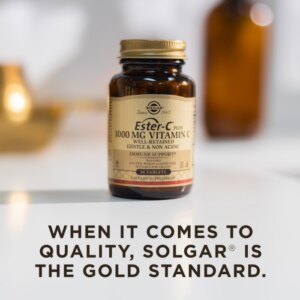 A bottle of Solgar's Ester-C® Plus 1000 mg Vitamin C Vegetable Capsules (Ester-C® Ascorbate Complex) on a surface. Text reads "When it comes to quality, Solgar is the gold standard."