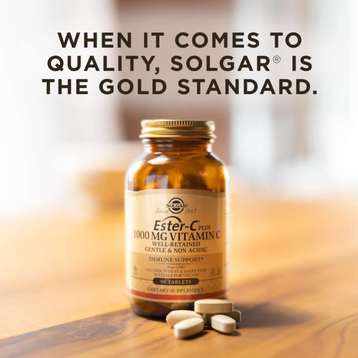 A bottle of Solgar's Ester-C® Plus 1000 mg Vitamin C Vegetable Capsules (Ester-C® Ascorbate Complex) on a surface. Text reads "When it comes to quality, Solgar is the gold standard."