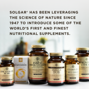 A range of Solgar nutritional supplements side-by-side; Zinc Citrate, Full Spectrum Curcumin, Ester-C Plus, Triple Strength Omega-3, Vitamin D, and Magnesium Citrate. A text overlay reads: "Solgar has been leveraging the science of nature since 1947 to introduce some of the world's first and finest nutritional supplements."