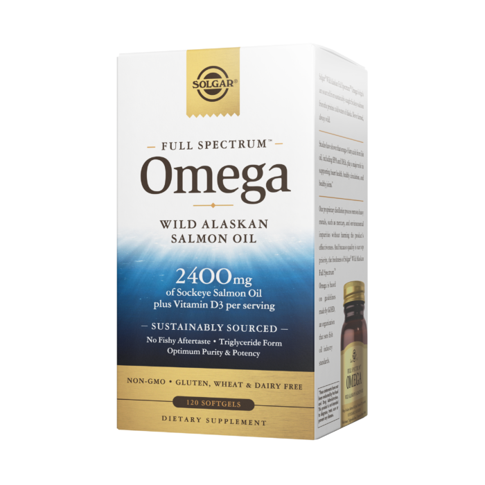 A gold, blue-accented box of Solgar's Wild Alaskan Full Spectrum Omega softgels on a white backdrop.