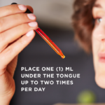 A dropper of Solgar's Sublingual Liquid B-12 2000 mcg with B-Complex held in front of a woman's face. Text reads "place 1ml under the tongue up to two times per day"