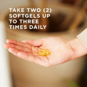 A hand holds Solgar's Omega-3 Fish Oil Concentrate Softgels. Text reads "take two softgels up to three times daily"