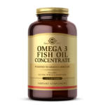 An amber glass bottle of Solgar's Omega-3 Fish Oil Concentrate Softgels on a white backdrop.