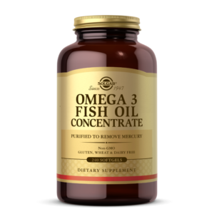 An amber glass bottle of Solgar's Omega-3 Fish Oil Concentrate Softgels on a white backdrop.