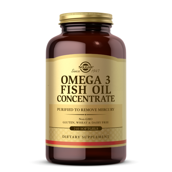 An amber glass bottle of Solgar's Omega-3 Fish Oil Concentrate Softgels on a white backdrop.